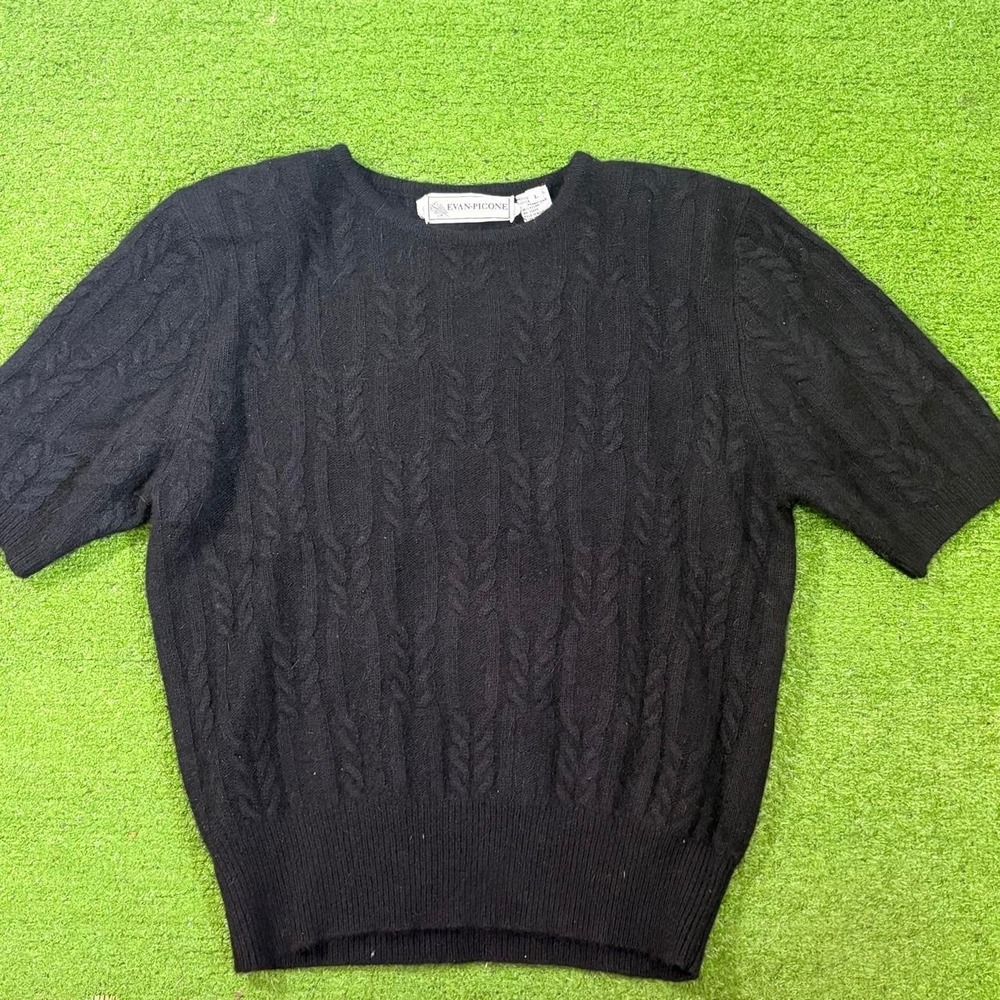 Vtg Evan Picone Black Wool/Rabbit Short Sleeve Sweater‎ Cable Knit sz LG